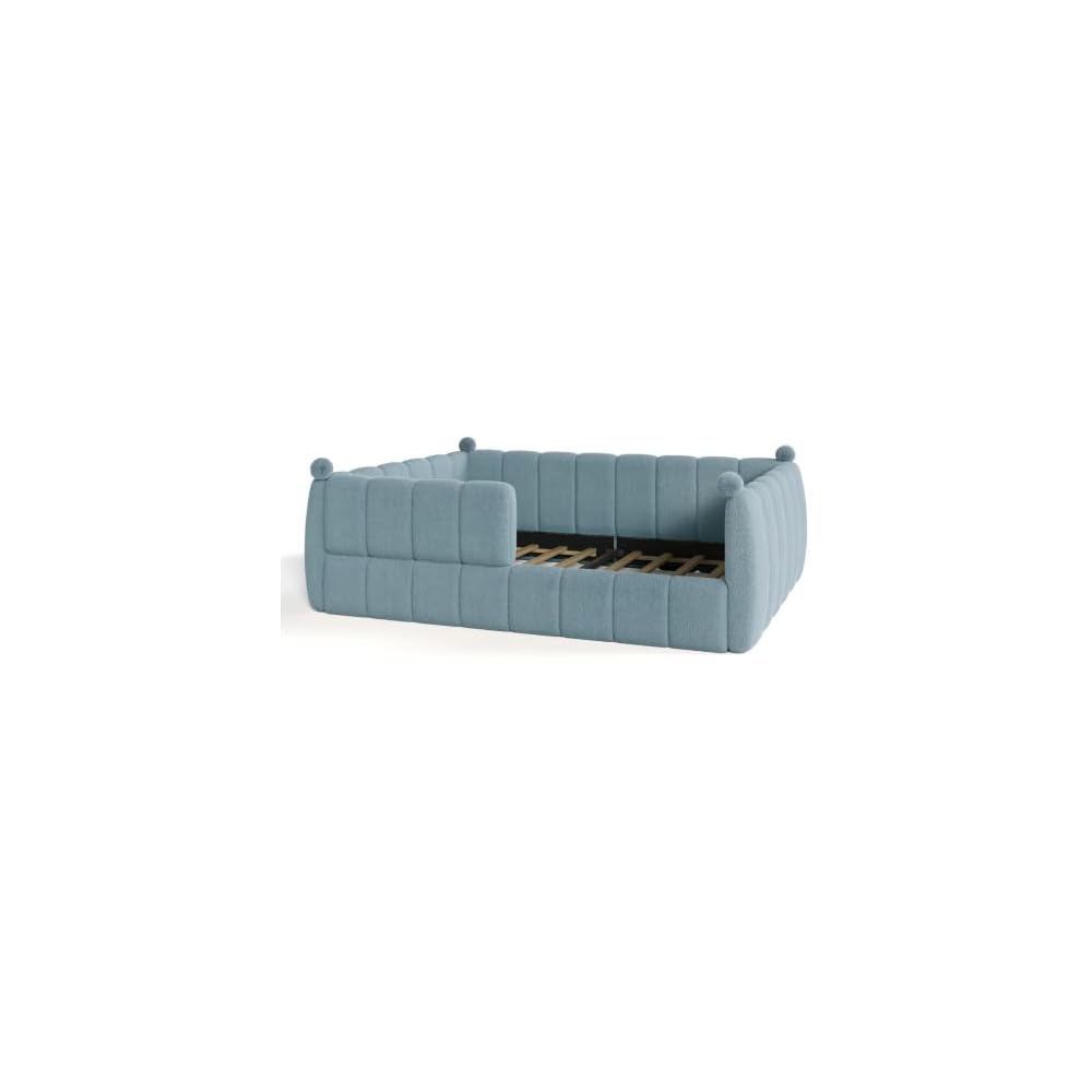 Bellemave Queen Upholstered Floor Bed with Fence, Blue