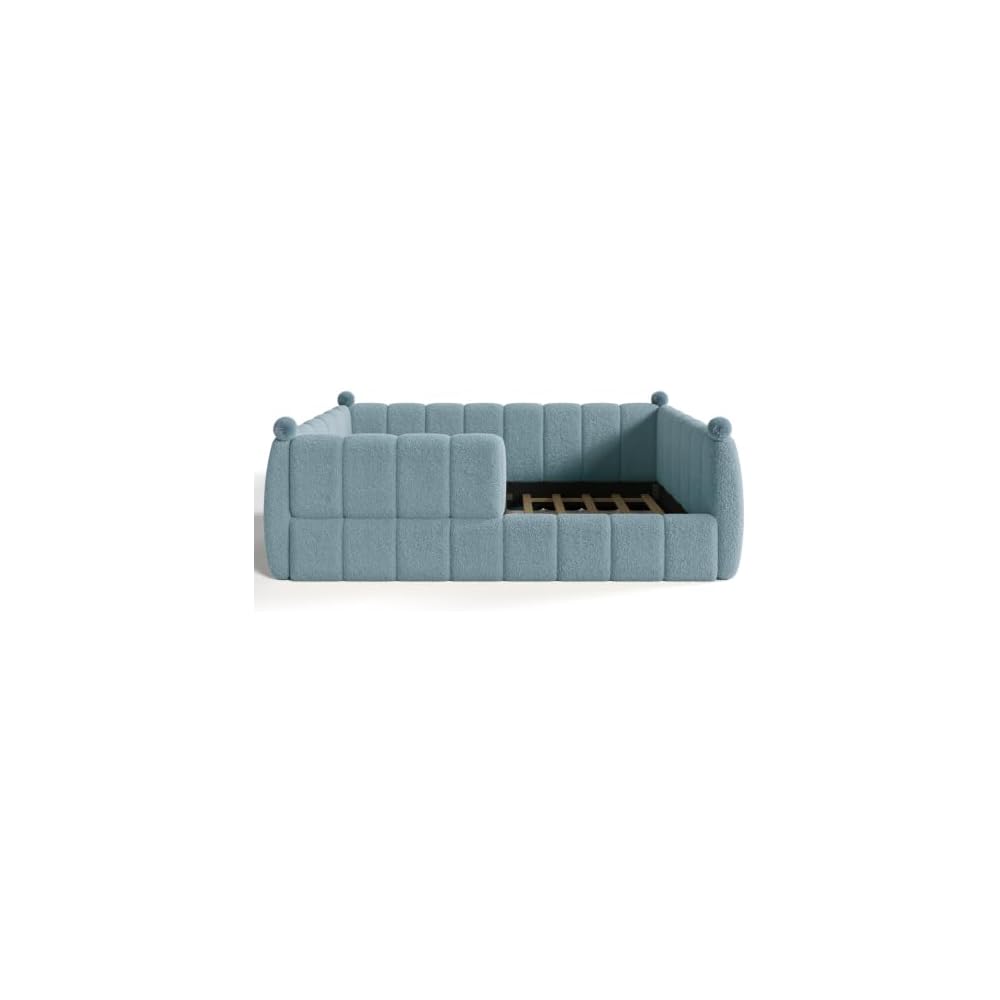 Bellemave Queen Upholstered Floor Bed with Fence, Blue