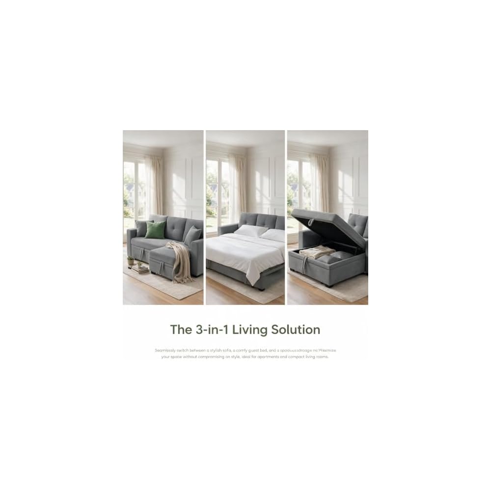 71" Pull Out Sectional Sleeper Sofa Bed w/Storage Chaise，Light Gray