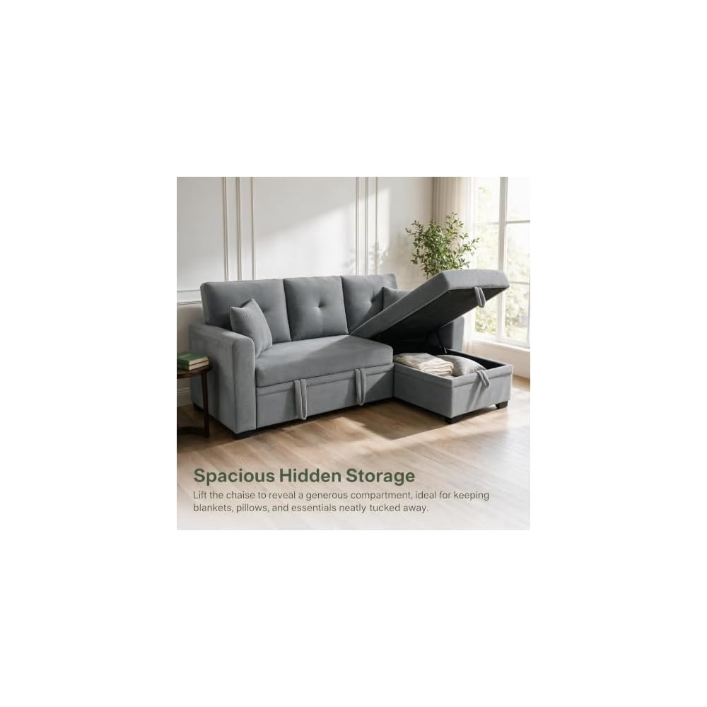 71" Pull Out Sectional Sleeper Sofa Bed w/Storage Chaise，Light Gray