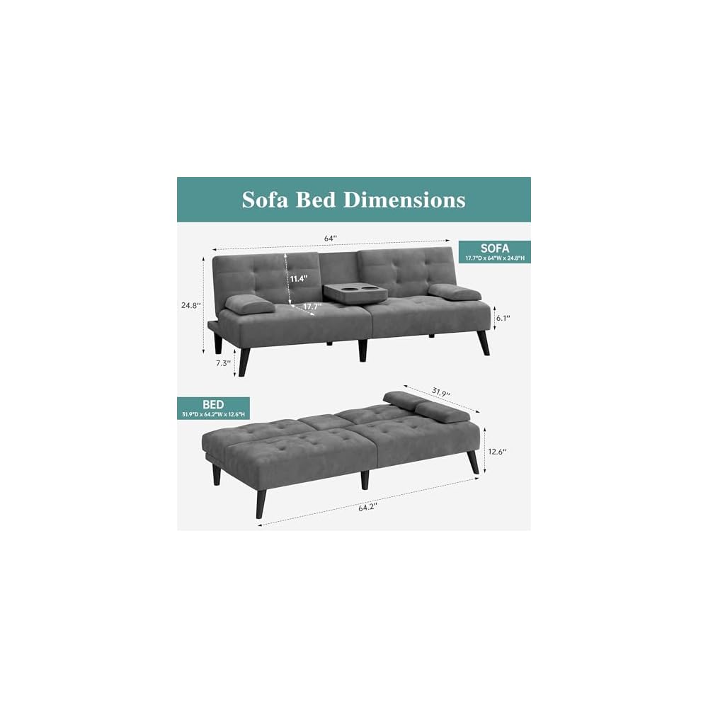 64" Futon Sofa Bed, Convertible Loveseat with 2 Cup Holders, Small Couch with 3 Adjustable Angles & Armrests, Sleeper Sofa for Small Space, Dark Grey