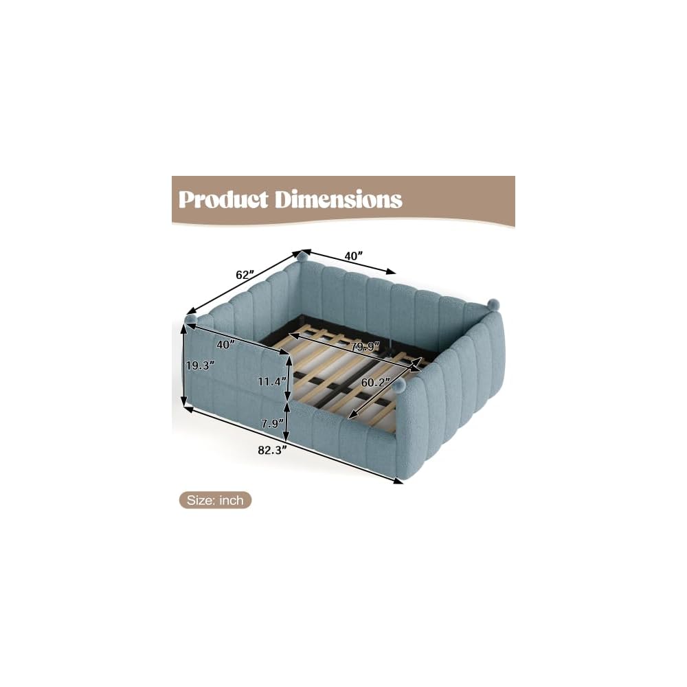 Bellemave Queen Upholstered Floor Bed with Fence, Blue