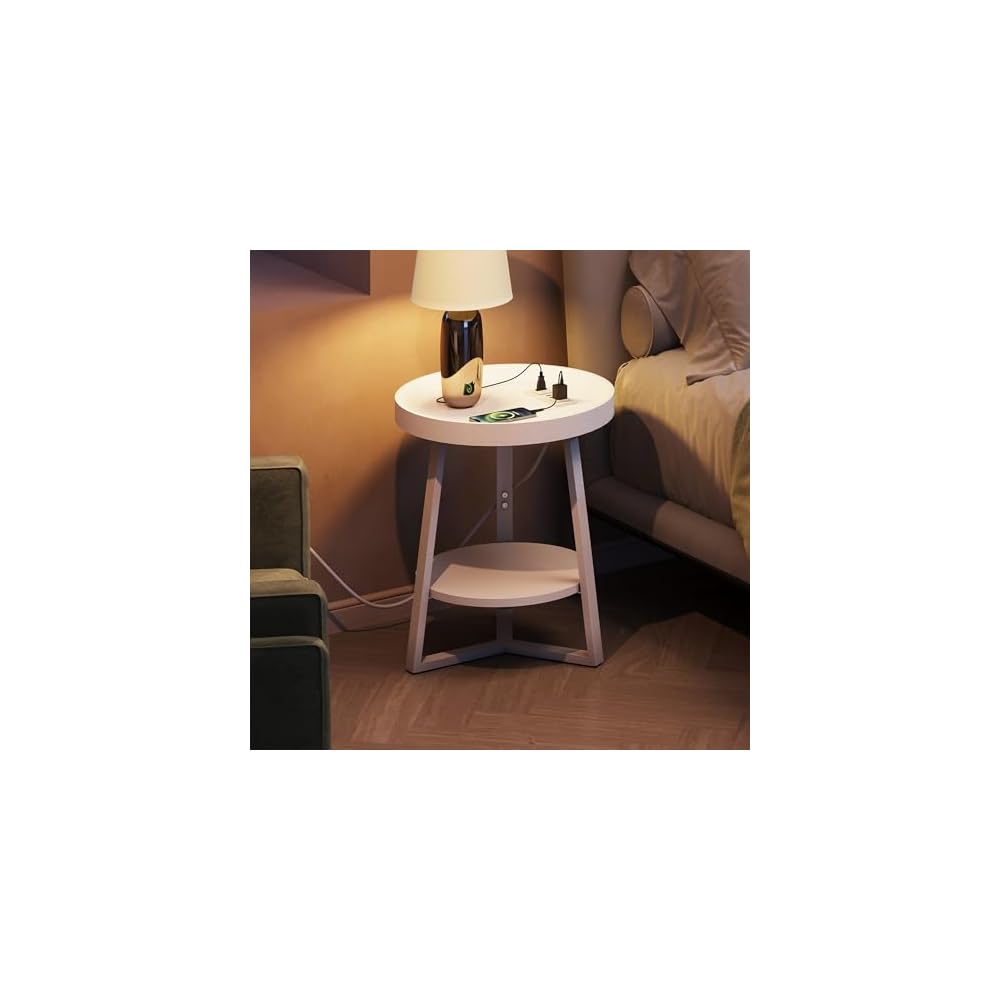 WLIVE Small Round Side Table with Charging Station for Living Room Brown