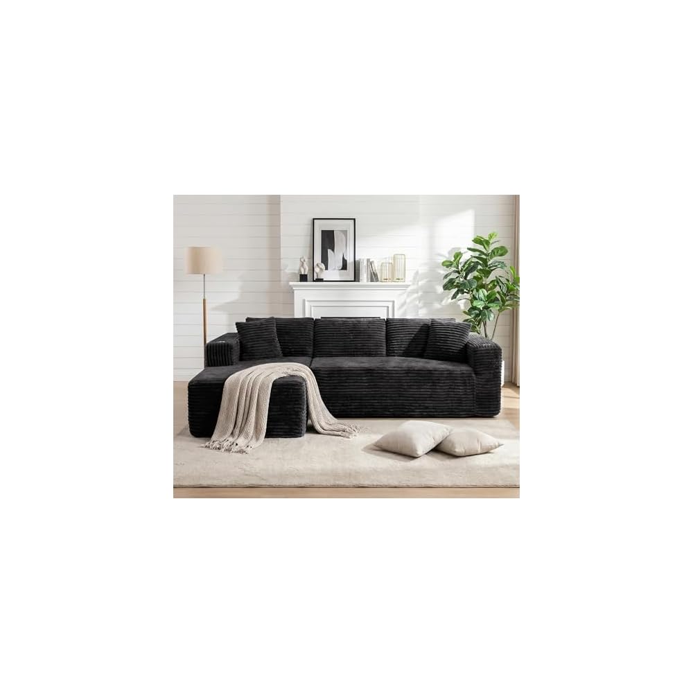 Vongrasig Boneless Sectional Couches for Living Room, L-Shaped Chaise Modular Cloud Couch with Cup Holders on Armrests, Plush Corduroy Comfy Sofa with Memory Foam, No Assembly Required, Black