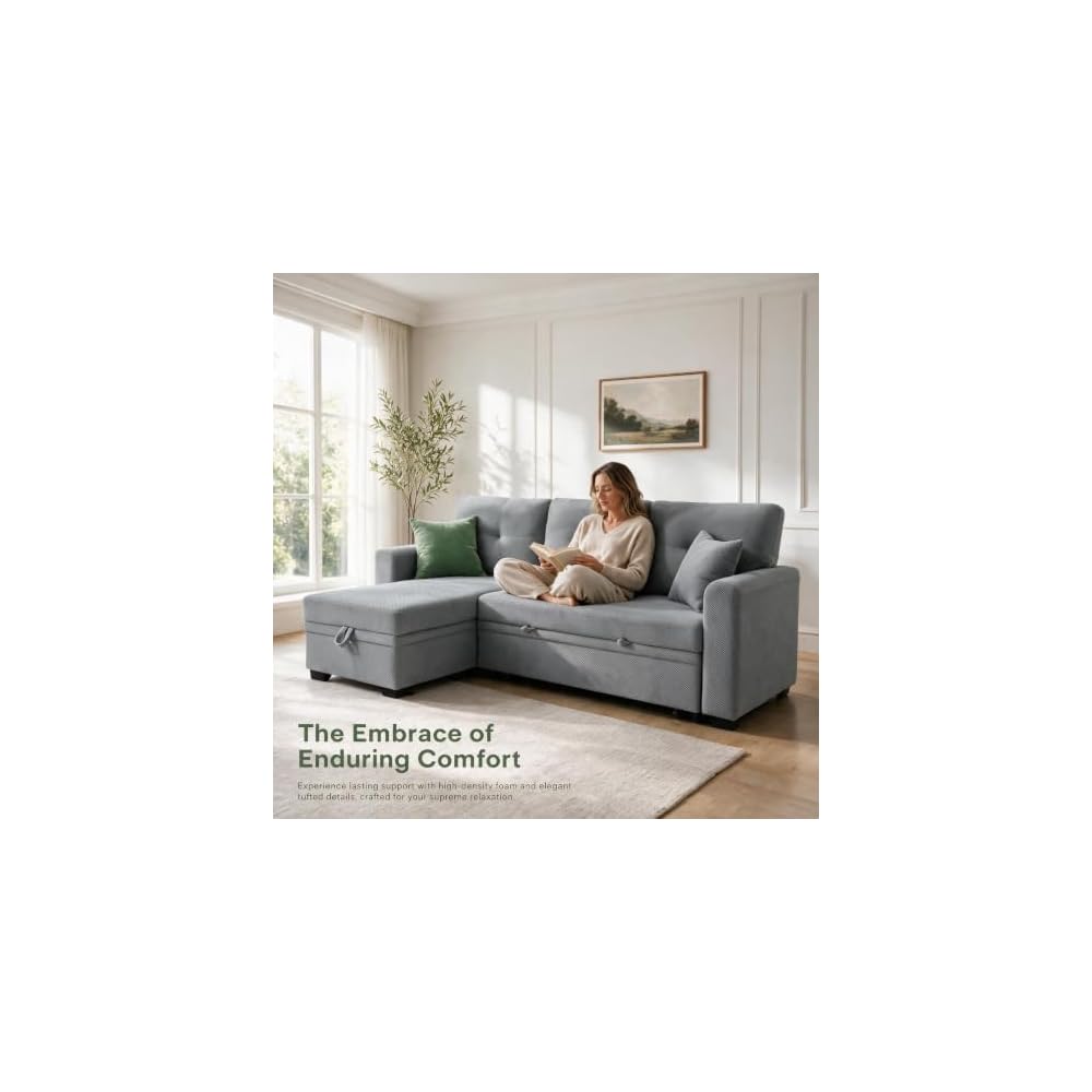 71" Pull Out Sectional Sleeper Sofa Bed w/Storage Chaise，Light Gray