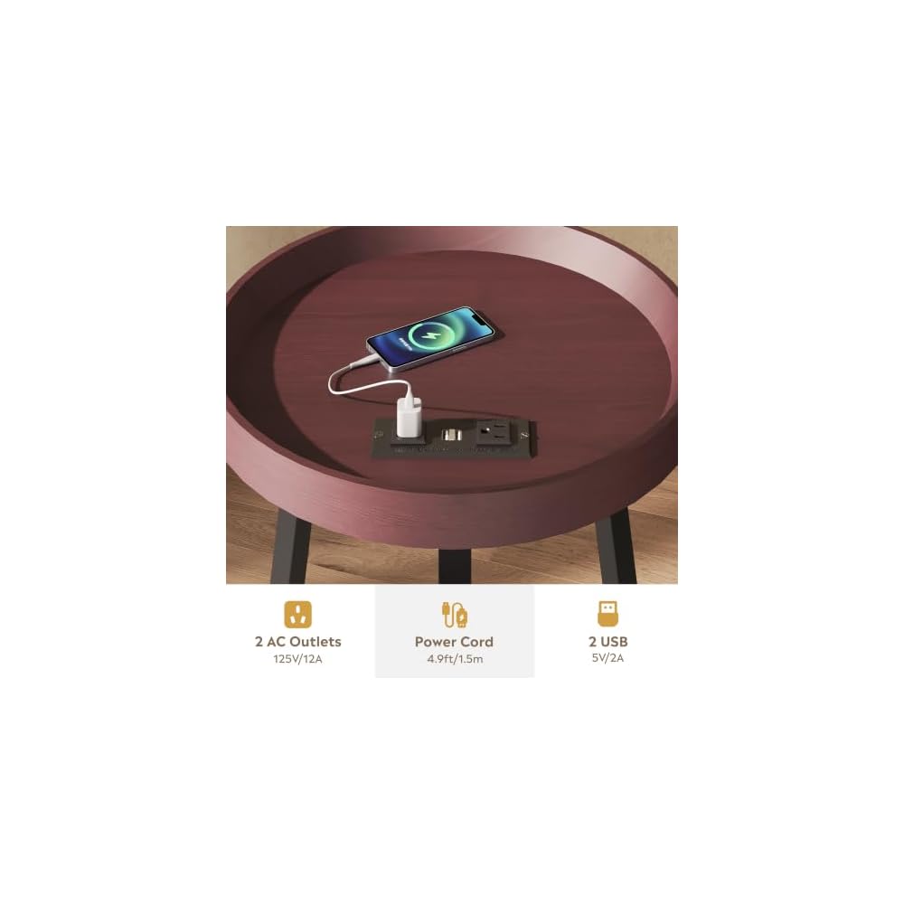 WLIVE Small Round Side Table with Charging Station for Living Room Brown