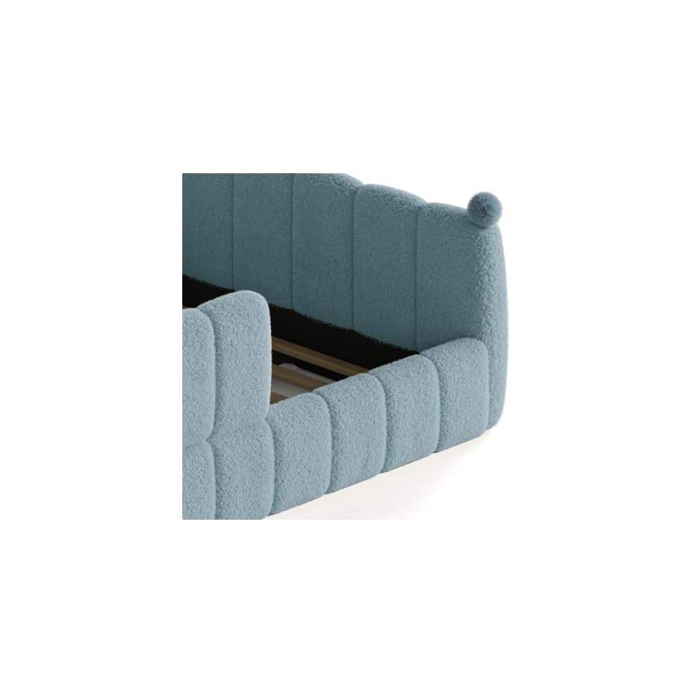 Bellemave Queen Upholstered Floor Bed with Fence, Blue