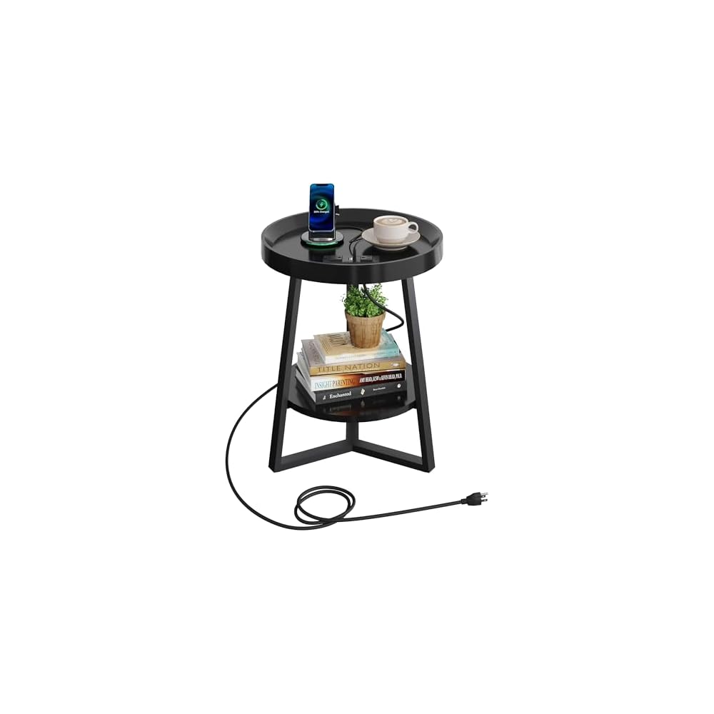 WLIVE Small Round Side Table with Charging Station for Living Room Brown
