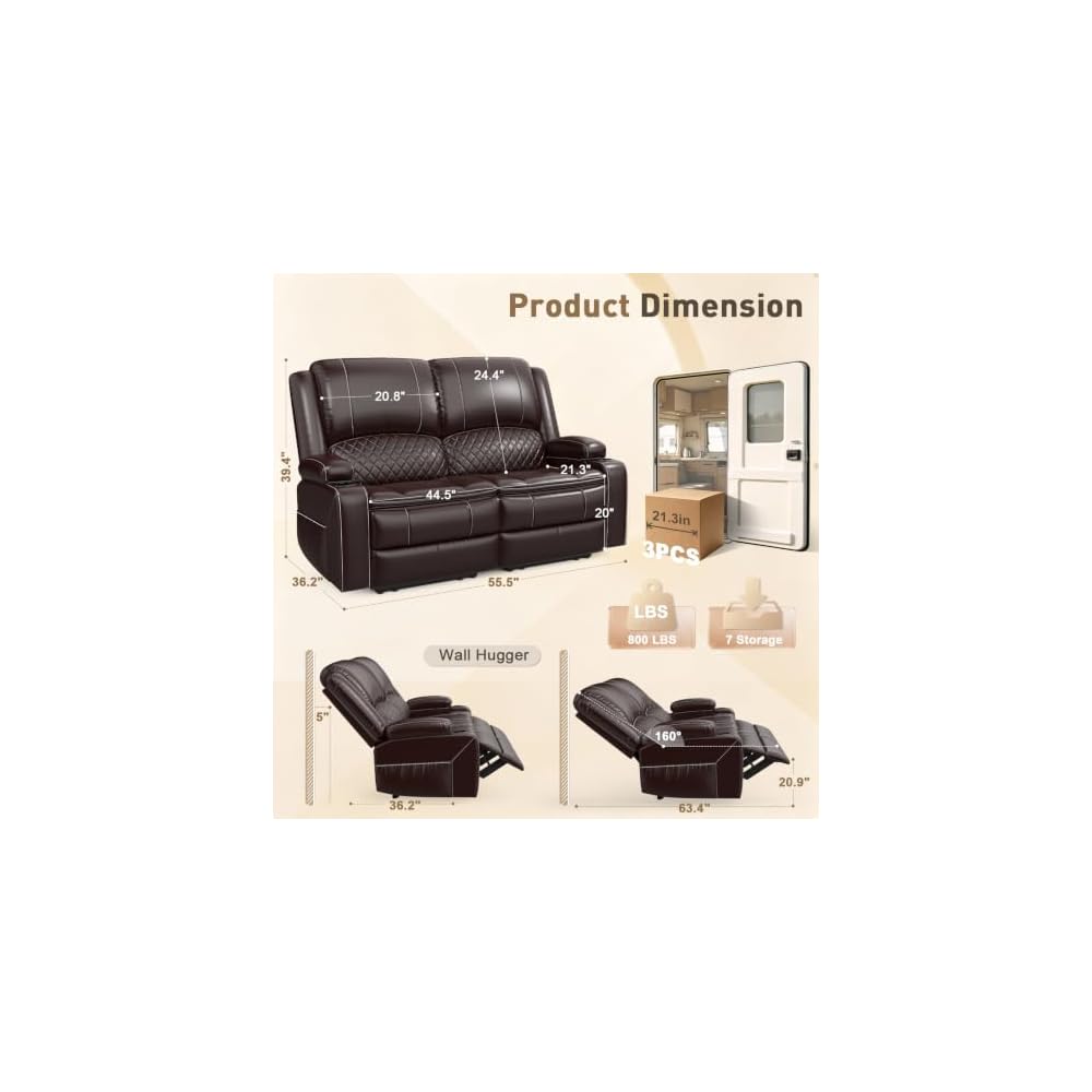 Yolsali Loveseat Recliner Sofa, RV Loveseat Recliner Wall Hugger (Pu,Brown)
