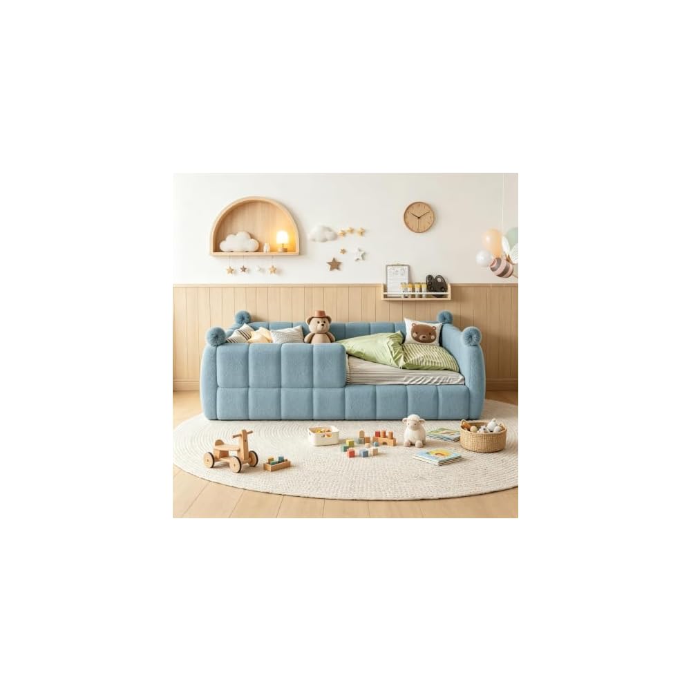 Bellemave Queen Upholstered Floor Bed with Fence, Blue