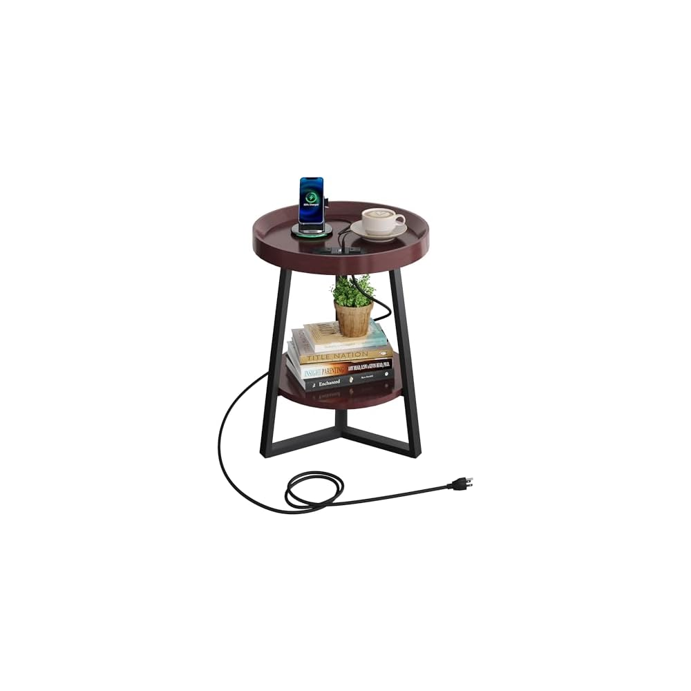 WLIVE Small Round Side Table with Charging Station for Living Room Brown