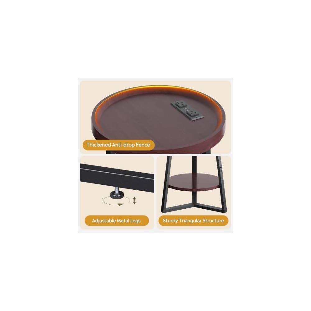 WLIVE Small Round Side Table with Charging Station for Living Room Brown