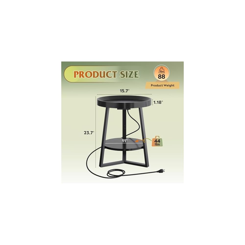 WLIVE Small Round Side Table with Charging Station for Living Room Brown