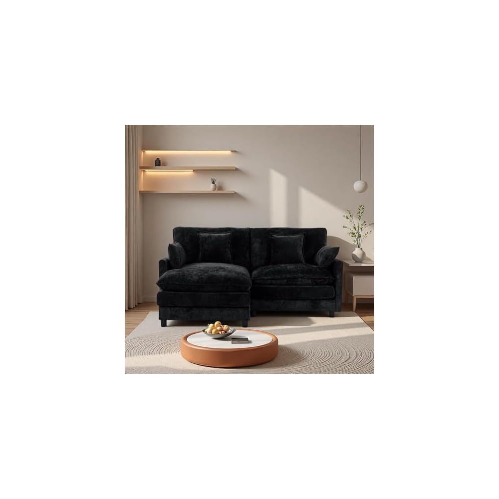 Cloud Modular Sofa, 3-Seater Chenille Couch with Lumbar Support Design & Double Layer Upholstered Seat Cushion, L Shaped Sectional Couch with Ottoman & Pillows for Living Room, Black