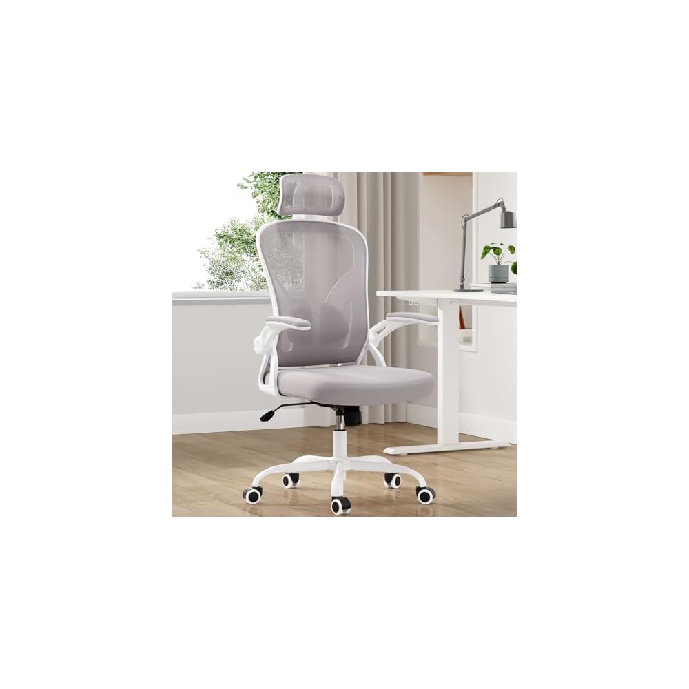 CZBZ Ergonomic Office Chair with Headrest & Adjustable Lumbar Support – High-Back Mesh Desk Chair for Home Office, Study Room, or Gaming Setup – White & Gray