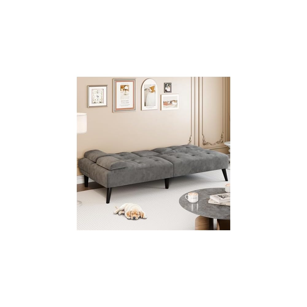 64" Futon Sofa Bed, Convertible Loveseat with 2 Cup Holders, Small Couch with 3 Adjustable Angles & Armrests, Sleeper Sofa for Small Space, Dark Grey