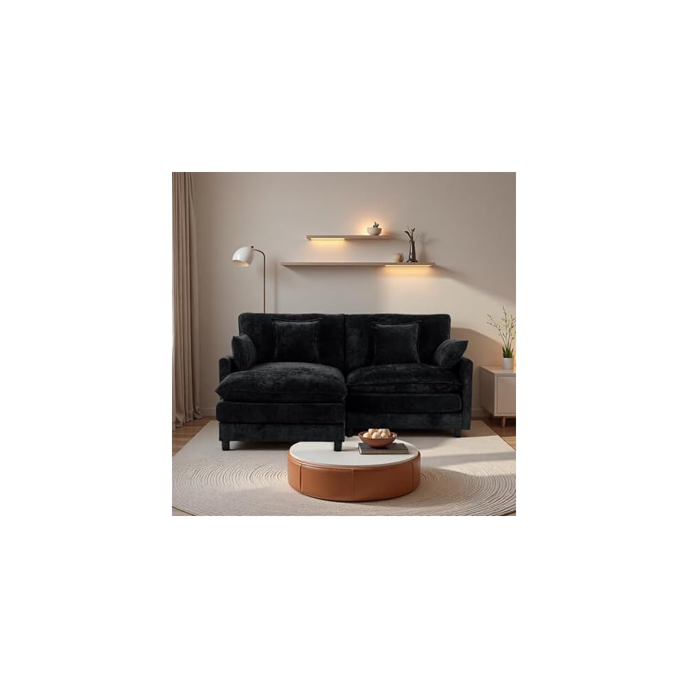 Cloud Modular Sofa, 3-Seater Chenille Couch with Lumbar Support Design & Double Layer Upholstered Seat Cushion, L Shaped Sectional Couch with Ottoman & Pillows for Living Room, Black