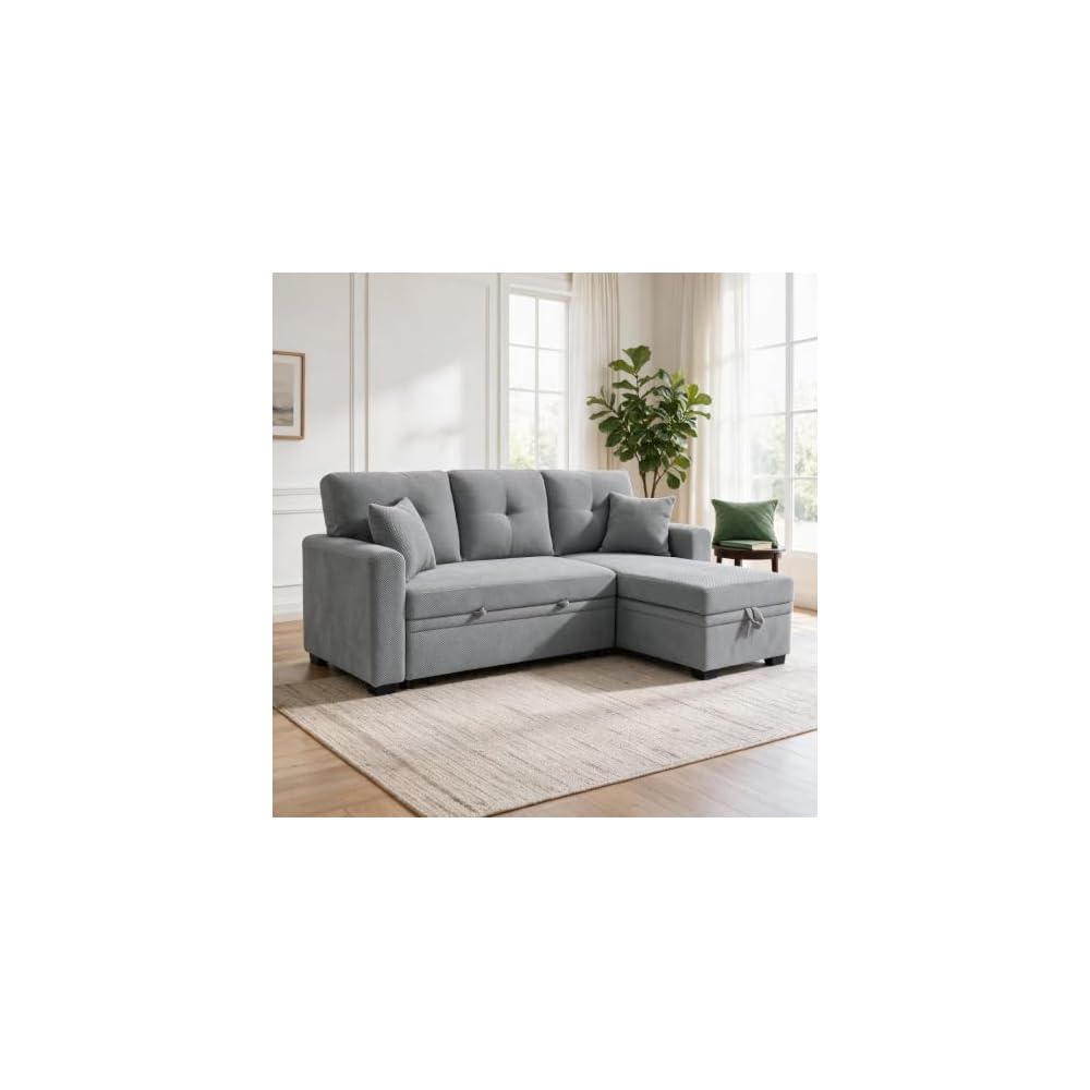 71" Pull Out Sectional Sleeper Sofa Bed w/Storage Chaise，Light Gray