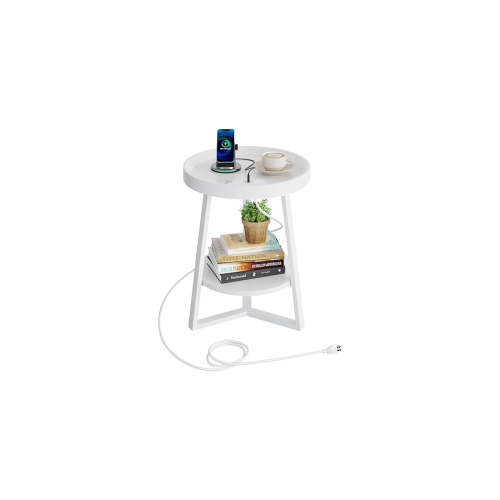 WLIVE Small Round Side Table with Charging Station for Living Room Brown