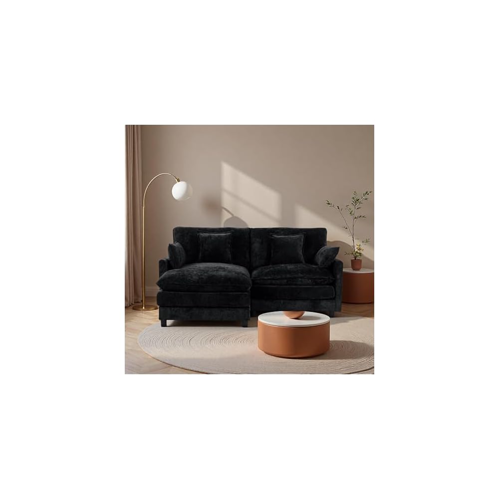 Cloud Modular Sofa, 3-Seater Chenille Couch with Lumbar Support Design & Double Layer Upholstered Seat Cushion, L Shaped Sectional Couch with Ottoman & Pillows for Living Room, Black