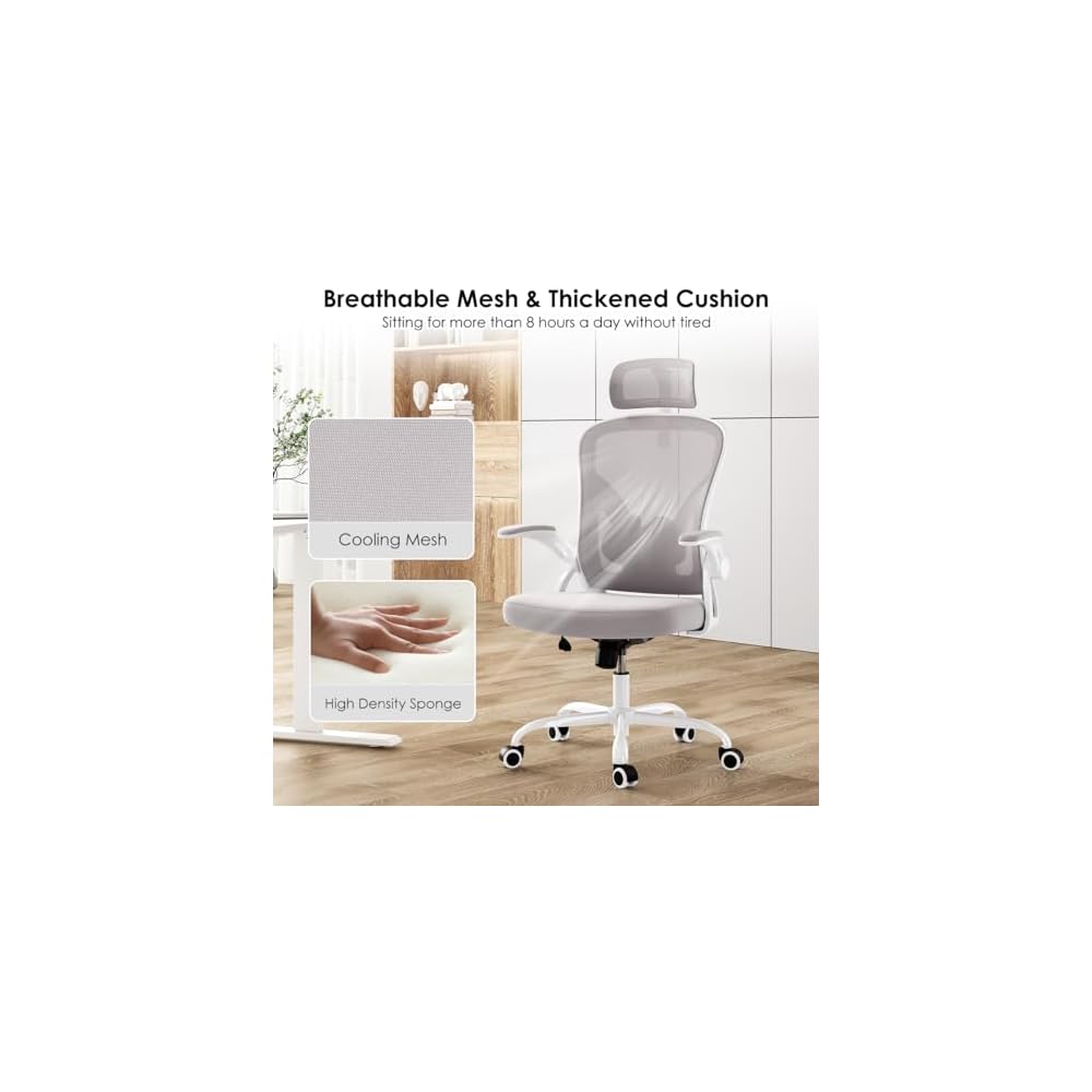 CZBZ Ergonomic Office Chair with Headrest & Adjustable Lumbar Support – High-Back Mesh Desk Chair for Home Office, Study Room, or Gaming Setup – White & Gray
