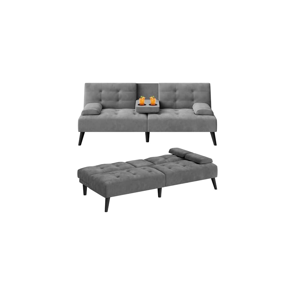 64" Futon Sofa Bed, Convertible Loveseat with 2 Cup Holders, Small Couch with 3 Adjustable Angles & Armrests, Sleeper Sofa for Small Space, Dark Grey