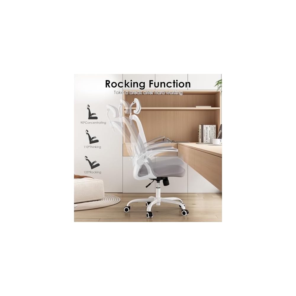 CZBZ Ergonomic Office Chair with Headrest & Adjustable Lumbar Support – High-Back Mesh Desk Chair for Home Office, Study Room, or Gaming Setup – White & Gray