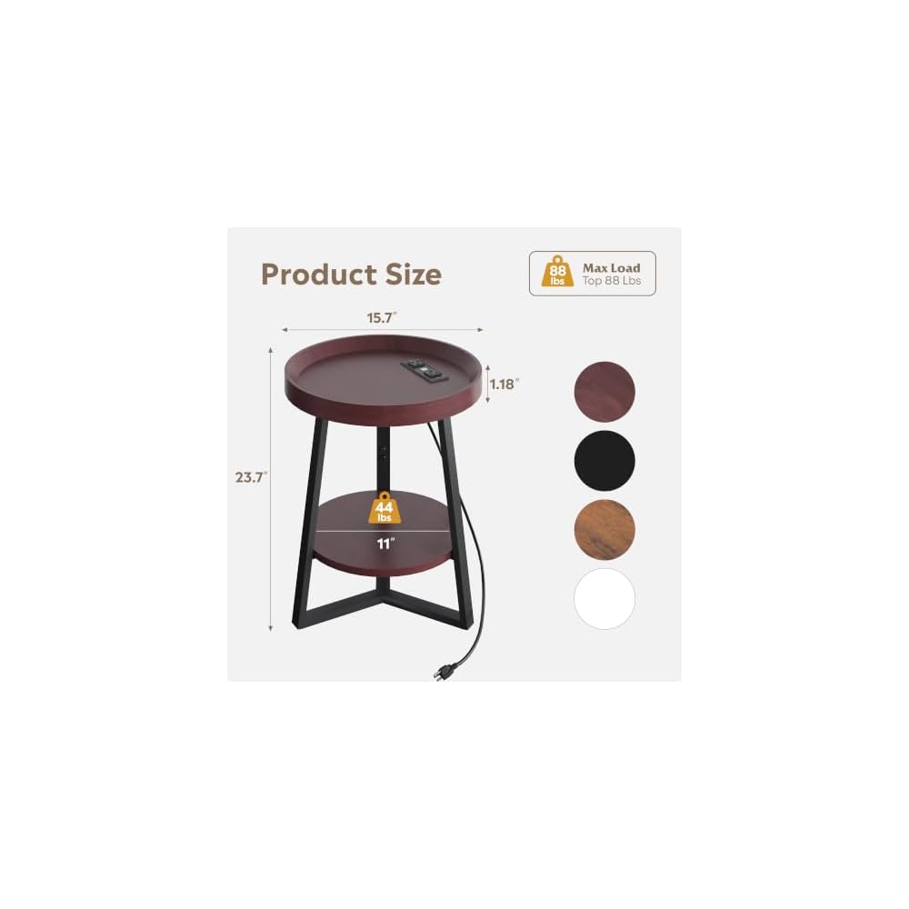 WLIVE Small Round Side Table with Charging Station for Living Room Brown