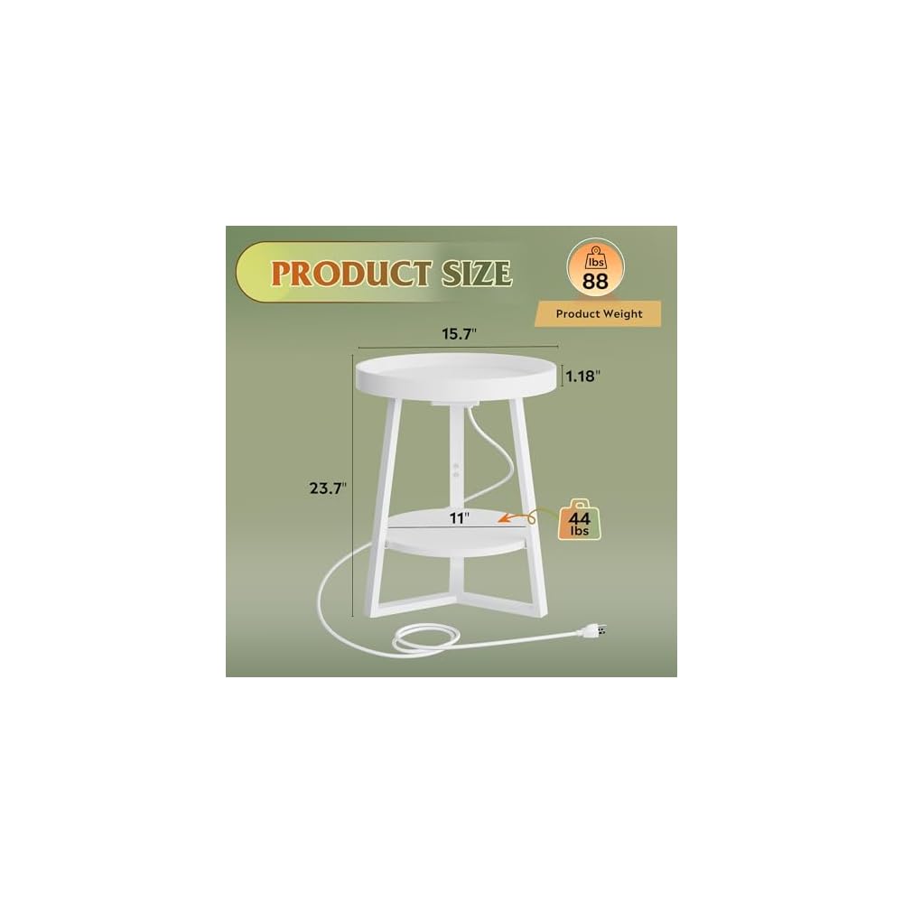 WLIVE Small Round Side Table with Charging Station for Living Room Brown
