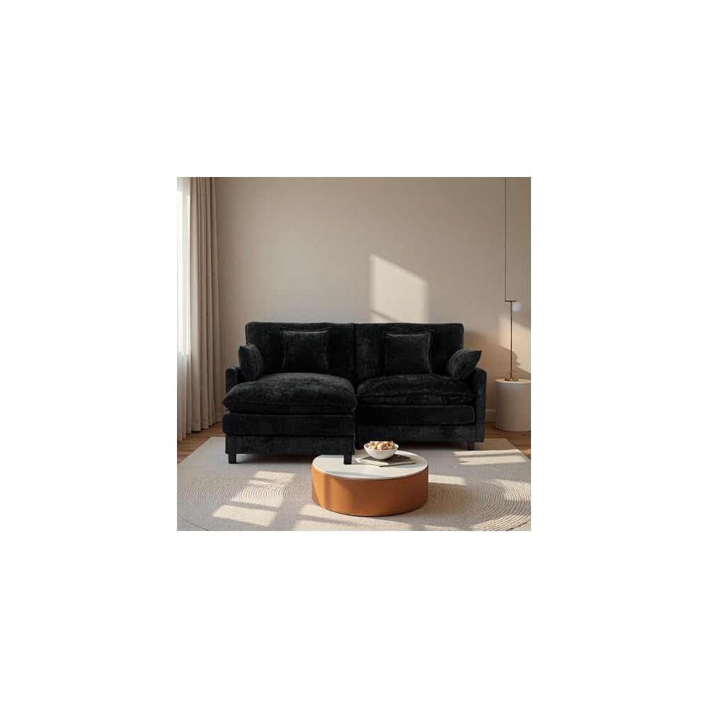 Cloud Modular Sofa, 3-Seater Chenille Couch with Lumbar Support Design & Double Layer Upholstered Seat Cushion, L Shaped Sectional Couch with Ottoman & Pillows for Living Room, Black