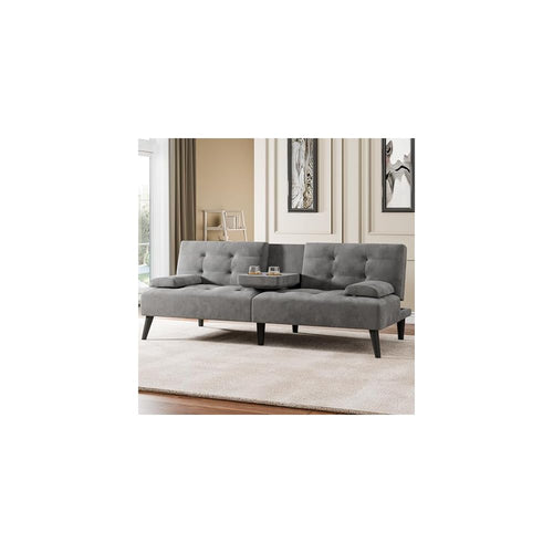 64" Futon Sofa Bed, Convertible Loveseat with 2 Cup Holders, Small Couch with 3 Adjustable Angles & Armrests, Sleeper Sofa for Small Space, Dark Grey