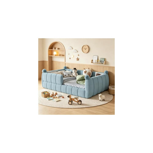 Bellemave Queen Upholstered Floor Bed with Fence, Blue