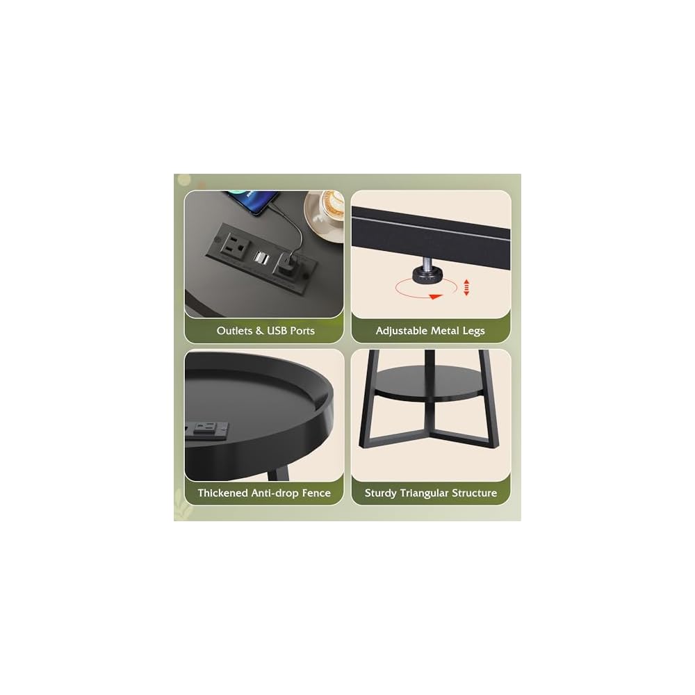 WLIVE Small Round Side Table with Charging Station for Living Room Brown