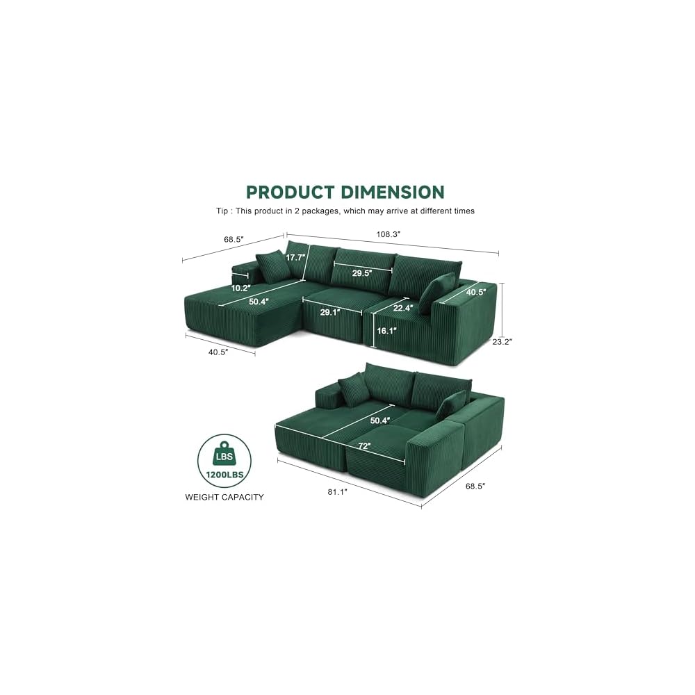 HUTEAN 108” Modular Sectional Sofa, Cloud Sectional Couch with Deep Seat, Modern Modular L-Shape Sofa Couch with Chaise,Upholstered Couches for Living Room Bedroom (Corduory,DarkGreen)