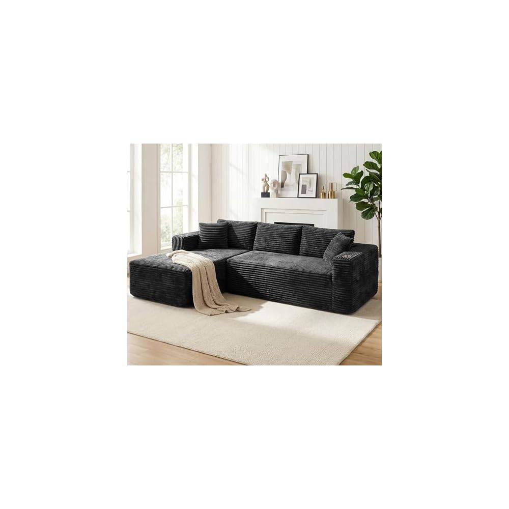 Vongrasig Boneless Sectional Couches for Living Room, L-Shaped Chaise Modular Cloud Couch with Cup Holders on Armrests, Plush Corduroy Comfy Sofa with Memory Foam, No Assembly Required, Black
