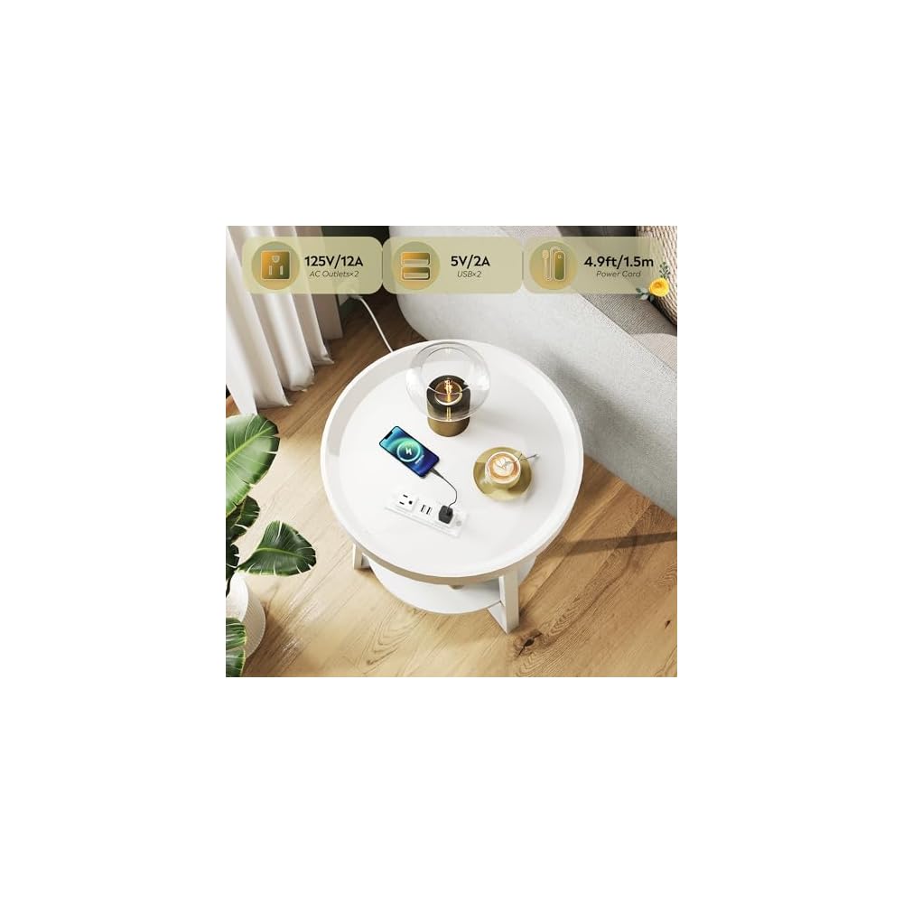 WLIVE Small Round Side Table with Charging Station for Living Room Brown