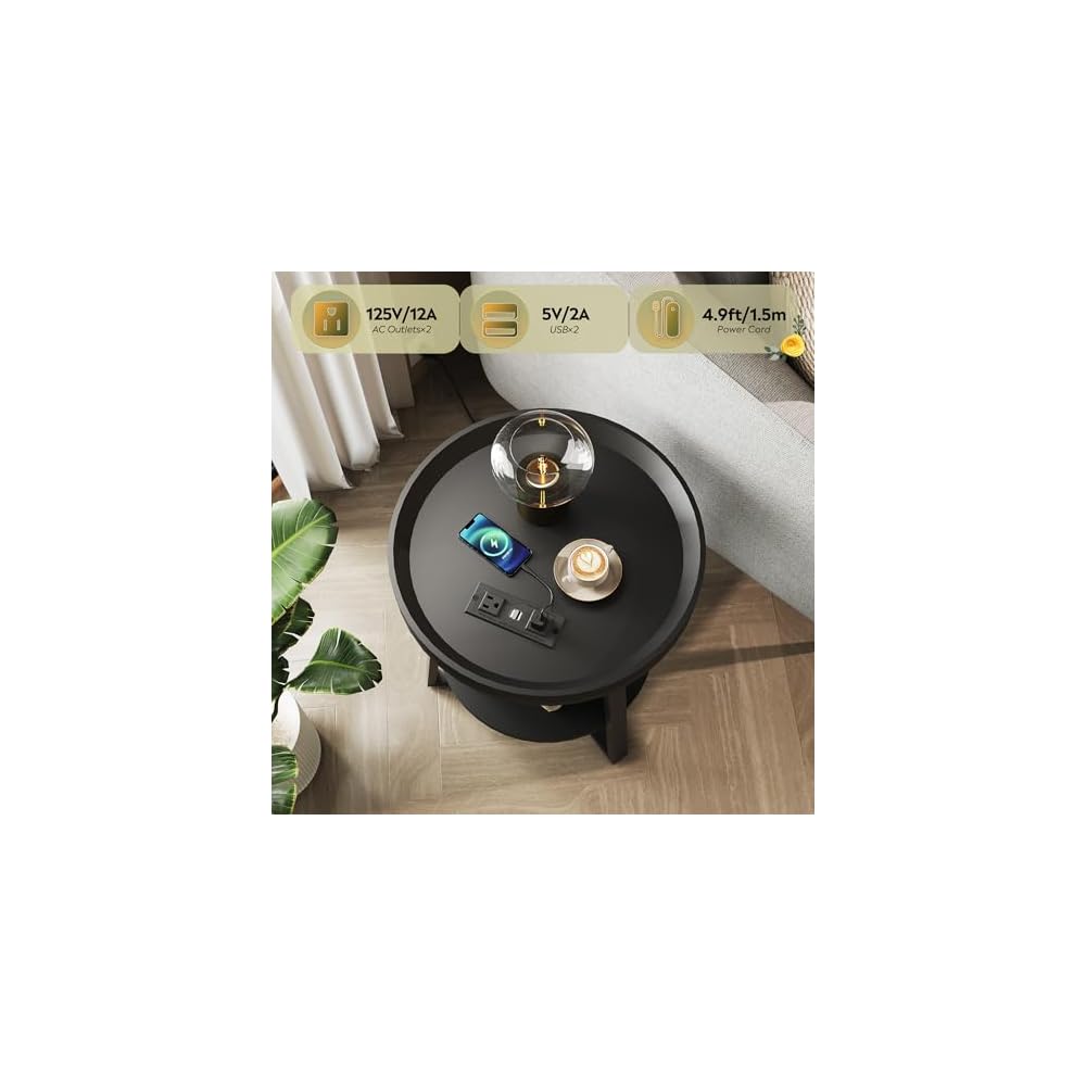 WLIVE Small Round Side Table with Charging Station for Living Room Brown