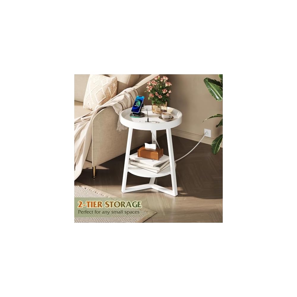 WLIVE Small Round Side Table with Charging Station for Living Room Brown