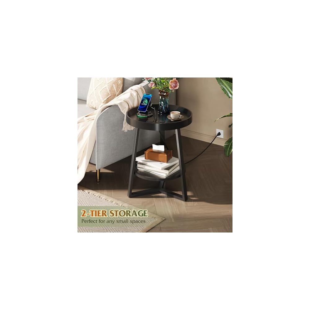 WLIVE Small Round Side Table with Charging Station for Living Room Brown
