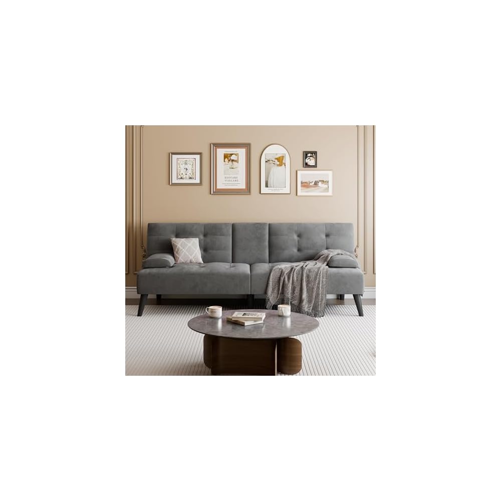 64" Futon Sofa Bed, Convertible Loveseat with 2 Cup Holders, Small Couch with 3 Adjustable Angles & Armrests, Sleeper Sofa for Small Space, Dark Grey