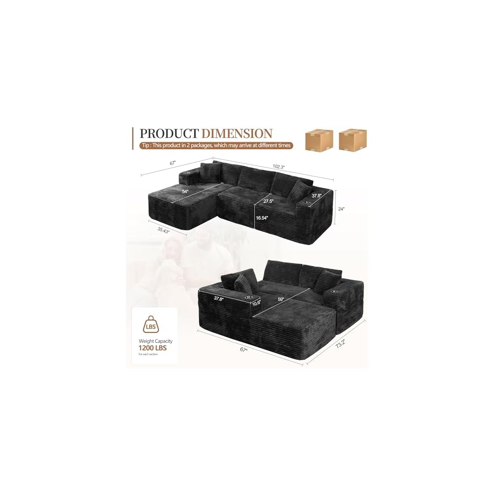 Vongrasig Boneless Sectional Couches for Living Room, L-Shaped Chaise Modular Cloud Couch with Cup Holders on Armrests, Plush Corduroy Comfy Sofa with Memory Foam, No Assembly Required, Black