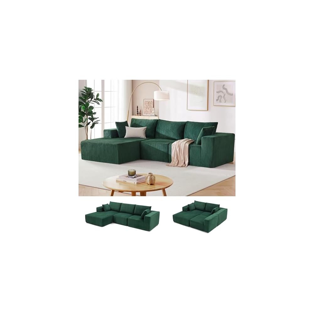 HUTEAN 108” Modular Sectional Sofa, Cloud Sectional Couch with Deep Seat, Modern Modular L-Shape Sofa Couch with Chaise,Upholstered Couches for Living Room Bedroom (Corduory,DarkGreen)