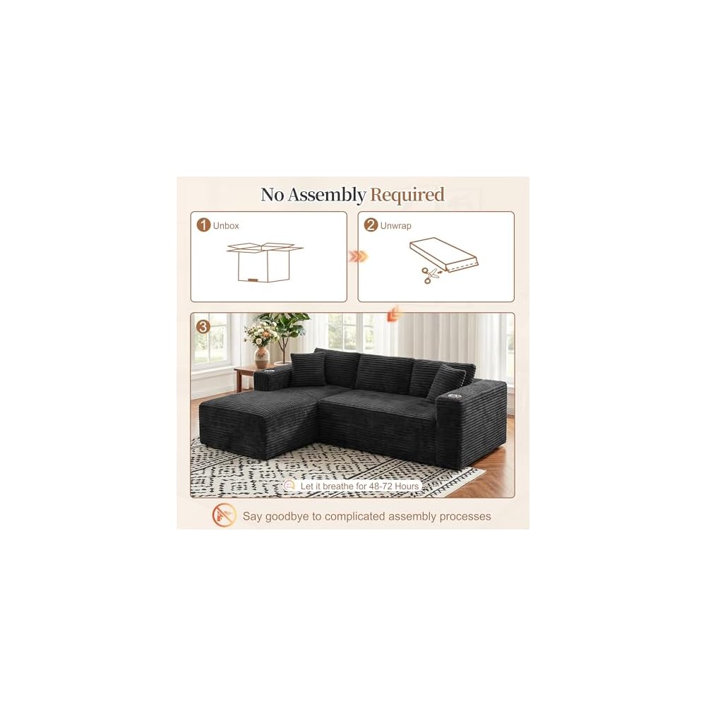 Vongrasig Boneless Sectional Couches for Living Room, L-Shaped Chaise Modular Cloud Couch with Cup Holders on Armrests, Plush Corduroy Comfy Sofa with Memory Foam, No Assembly Required, Black