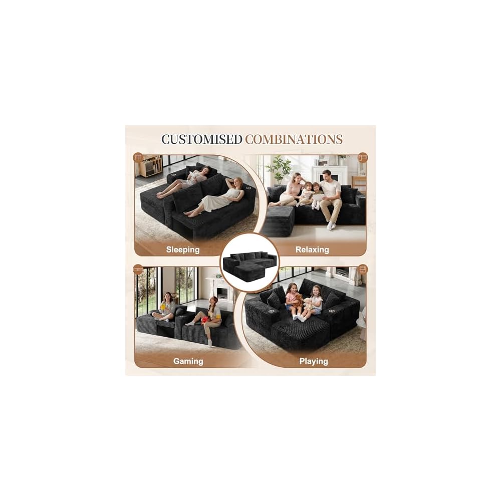 Vongrasig Boneless Sectional Couches for Living Room, L-Shaped Chaise Modular Cloud Couch with Cup Holders on Armrests, Plush Corduroy Comfy Sofa with Memory Foam, No Assembly Required, Black