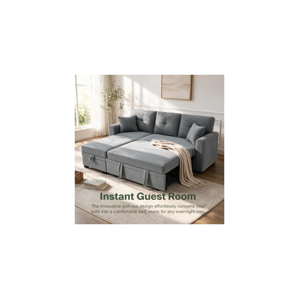 71" Pull Out Sectional Sleeper Sofa Bed w/Storage Chaise，Light Gray