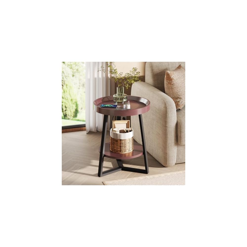 WLIVE Small Round Side Table with Charging Station for Living Room Brown
