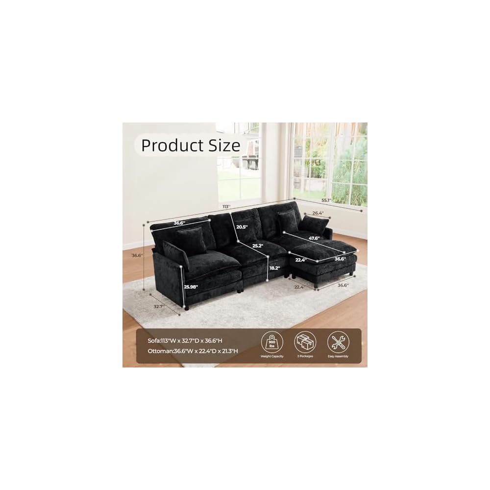 Cloud Modular Sofa, 3-Seater Chenille Couch with Lumbar Support Design & Double Layer Upholstered Seat Cushion, L Shaped Sectional Couch with Ottoman & Pillows for Living Room, Black