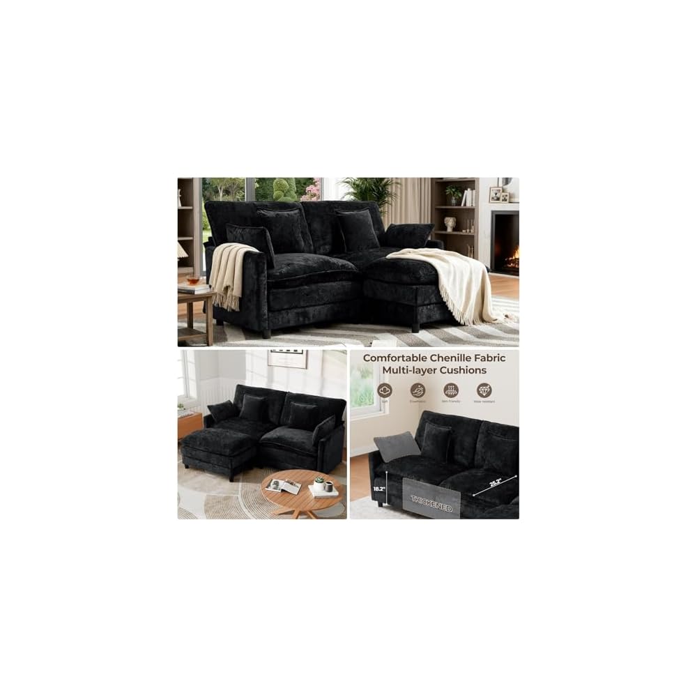 Cloud Modular Sofa, 3-Seater Chenille Couch with Lumbar Support Design & Double Layer Upholstered Seat Cushion, L Shaped Sectional Couch with Ottoman & Pillows for Living Room, Black