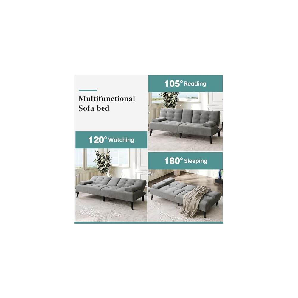 64" Futon Sofa Bed, Convertible Loveseat with 2 Cup Holders, Small Couch with 3 Adjustable Angles & Armrests, Sleeper Sofa for Small Space, Dark Grey