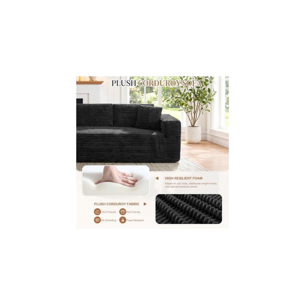 Vongrasig Boneless Sectional Couches for Living Room, L-Shaped Chaise Modular Cloud Couch with Cup Holders on Armrests, Plush Corduroy Comfy Sofa with Memory Foam, No Assembly Required, Black